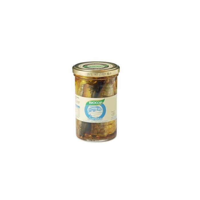 BIOCOP Sardinas Bio en Aceite de Oliva Virgen Extra 195g – Pesca Sostenible en Tarro de Cristal