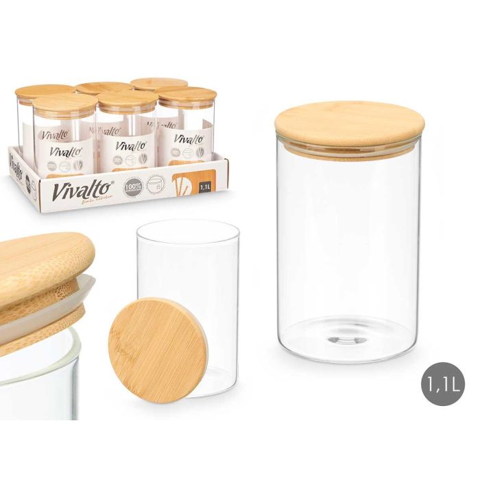 Vivalto Tarro Redondo de Borosilicato con Tapa de Bambú 1.1L, 10.5x16x10.5 cm, Apto para Horno y Microondas (12 Unidades)