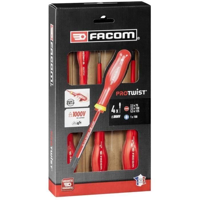 Facom Juego de 4 Destornilladores Aislados 1000V - 3 Ranurados (2.5x50, 3.5x100, 5.5x150) y 1 Pozidriv (1x100) 2 Facom Juego de 4 Destornilladores Aislados 1000V - 3 Ranurados (2.5x50, 3.5x100, 5.5x150) y 1 Pozidriv (1x100) 2