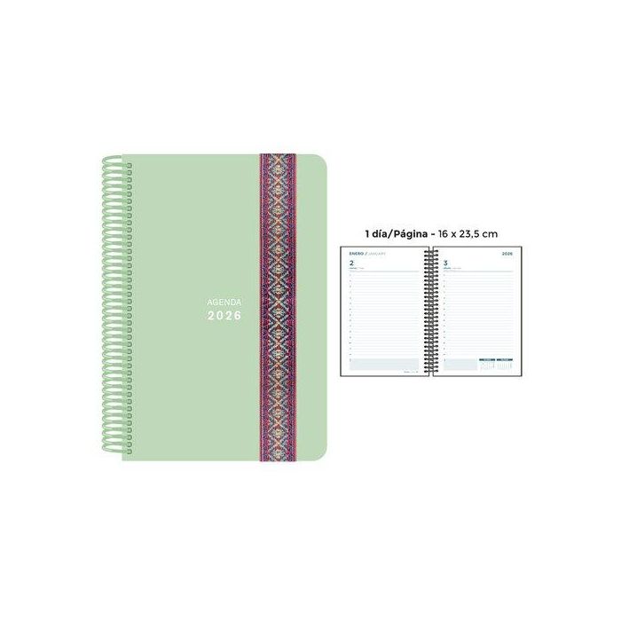 Agenda Anual (2026) Senfort Pastel Espiral Tapa Pp Con Goma Decorada 160X235 D/P Verde