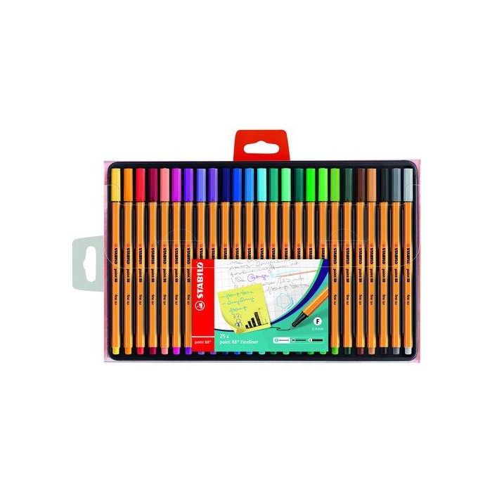 Stabilo Rotulador punta de fibra Point 88, estuche de 25 unidades colores surtidos, trazo 0,4 mm