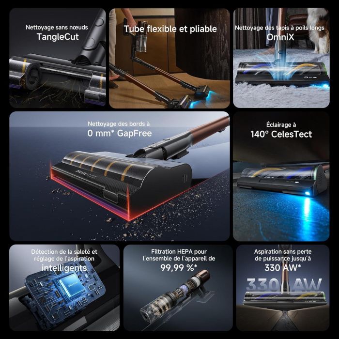 Dreame V30 Aspirador sin Cable 330 AW, IA GapFree, OmniX 2.0 para alfombras, Tubo Plegable 90°, Anti-enredos TangleCut 1