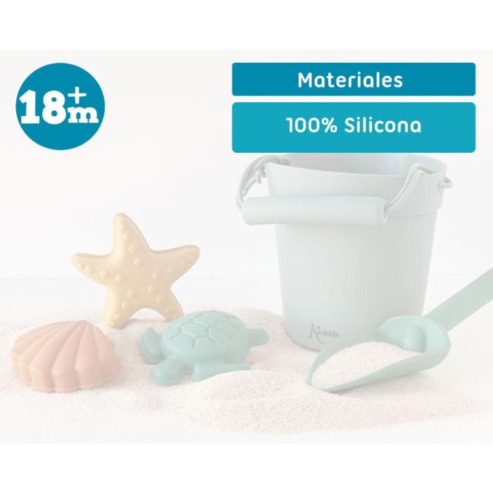 KioKids Set de Juego de Playa de Silicona Verde, 5 Piezas: Cubo, Pala y 3 Moldes de Arena. Seguro y Fácil de Limpiar para Niños +18 meses 5