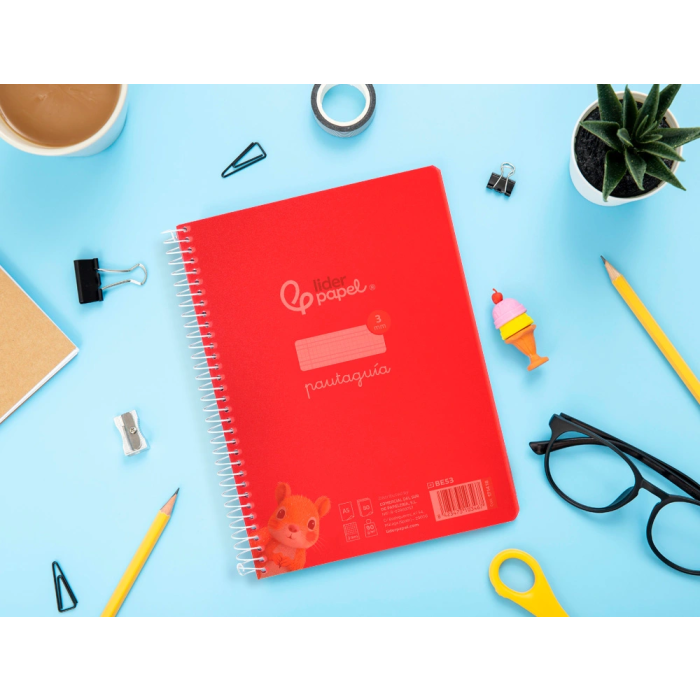 Liderpapel Cuaderno Espiral A5 Pautaguía 80 Hojas 90gr Cuadro Pautado 3 mm con Margen Color Rojo 7