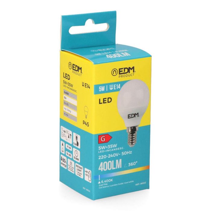 Edm Bombilla esférica LED E14 5W 400LM 6400K luz fría Ø4,5x8cm 1 Edm Bombilla esférica LED E14 5W 400LM 6400K luz fría Ø4,5x8cm 1