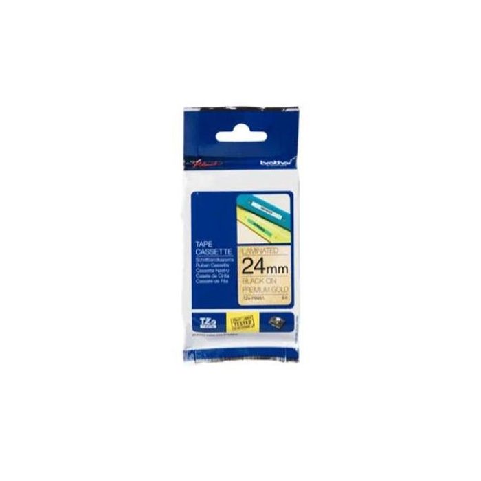 Brother Cinta Rotuladora Laminada Premium Texto Negro Sobre Fondo Dorado, 24 mm x 8 m