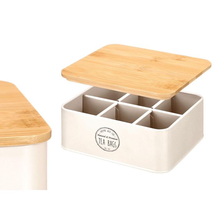 Kinvara Caja de Té 6 Huecos con Tapa de Bambú, Metal Color Crema, 18.5x7.8x16 cm (Set de 12)