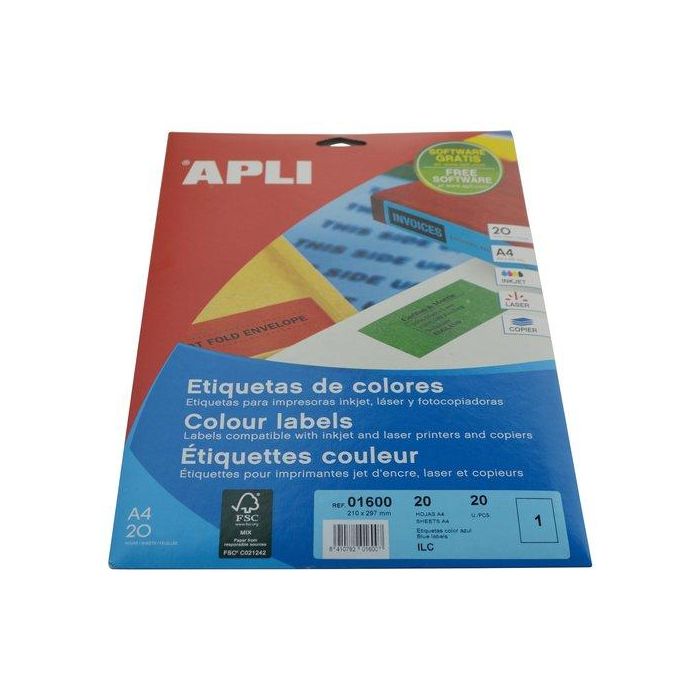 Etiquetas Adh.Impr.Apli A4 Color Azul C.Rectos Blister 20H 210X297 Mm 20 Uds.(01600)