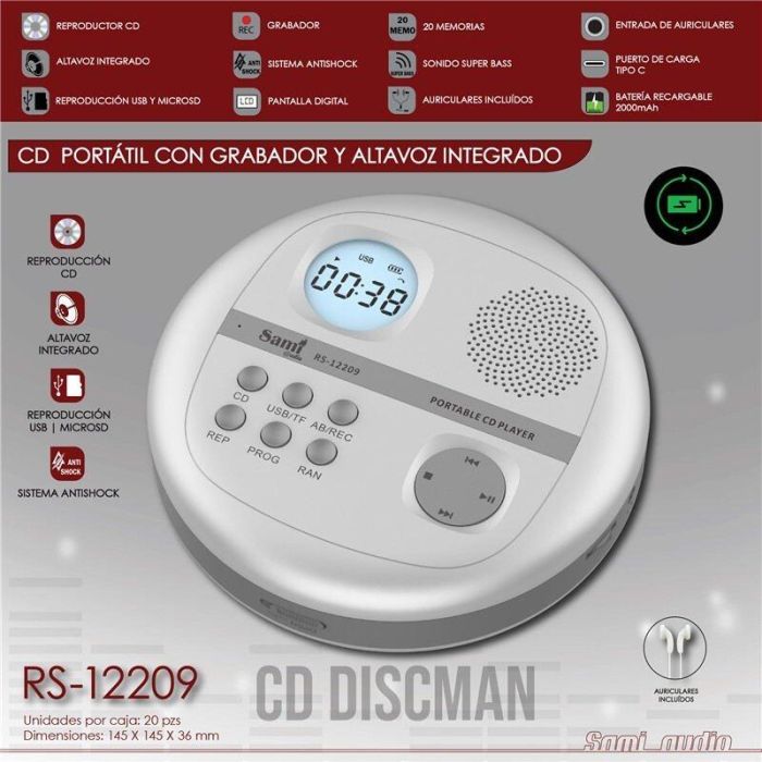 SAMI Discman Portátil - Grabador de CD con Altavoz, Entrada USB y Micrófono