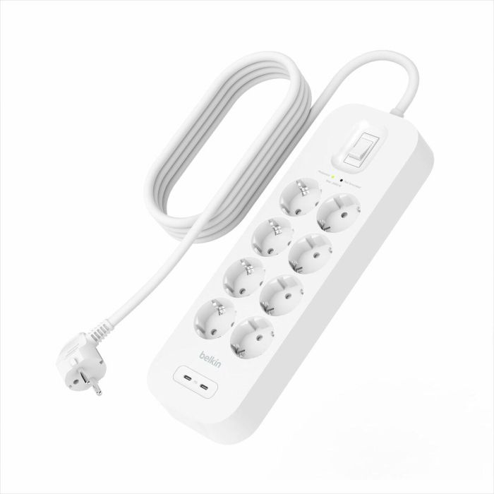 Belkin Regleta De Proteccion Contra Sobretensiones Con 8 Tomas + 2 Usb-C Botón De Apagado Y Encendido 2 Metros Blanco