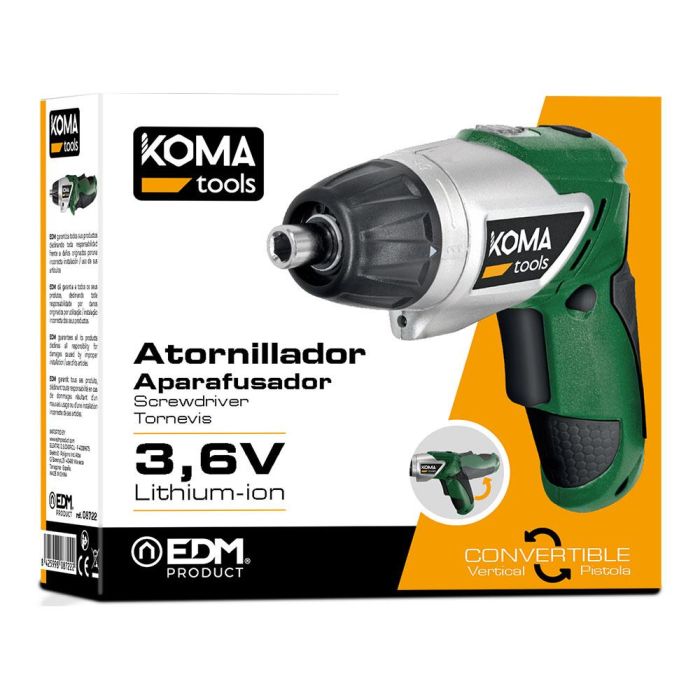 Koma Tools 3v-ar Atornillador a Batería 3.6V Litio-Ion 1300mAh Reversible con Luz LED, Velocidad y 6 Pares 2