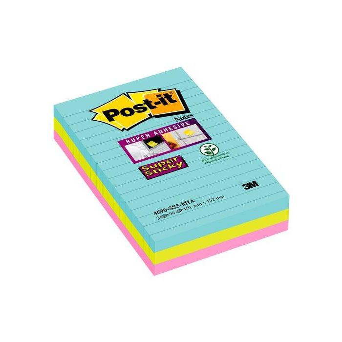 Post-it Bloc de notas adhesivas quita y pon super sticky cosmic rayado, 90 hojas, 101x152 mm, paquete de 3 unidades