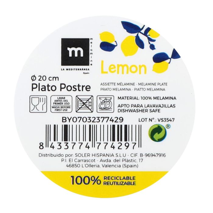 Plato Postre Melamina Brillo Lemon 20 cm La Mediterranea (24 Unidades) 2 Plato Postre Melamina Brillo Lemon 20 cm La Mediterranea (24 Unidades) 2
