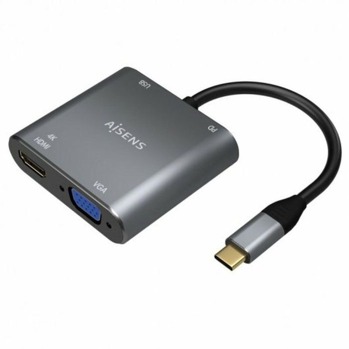 AISENS - CONVERSOR USB-C A VGA/HDMI 4K/USB3.0/USB-C PD, USB-C/M-VGA/H-HDMI/H-USB-A/H-USB-C/H, GRIS, 15CM