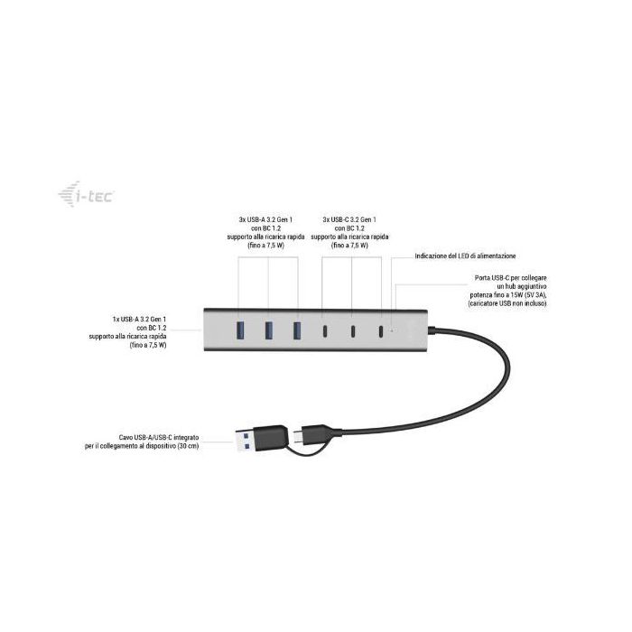 i-tec Hub Carga Metal USB-C/USB-A de 7 Puertos (3 USB-C + 4 USB-A) 5000 Mbps Aluminio 1