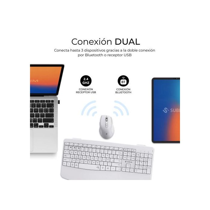 SUBBLIM SUBKBC-DCOPW1 Combo Teclado y Ratón Inalámbrico Ergonómico Dual Bluetooth 5.3/2.4G Recargable QWERTY Español Blanco Oficina 1