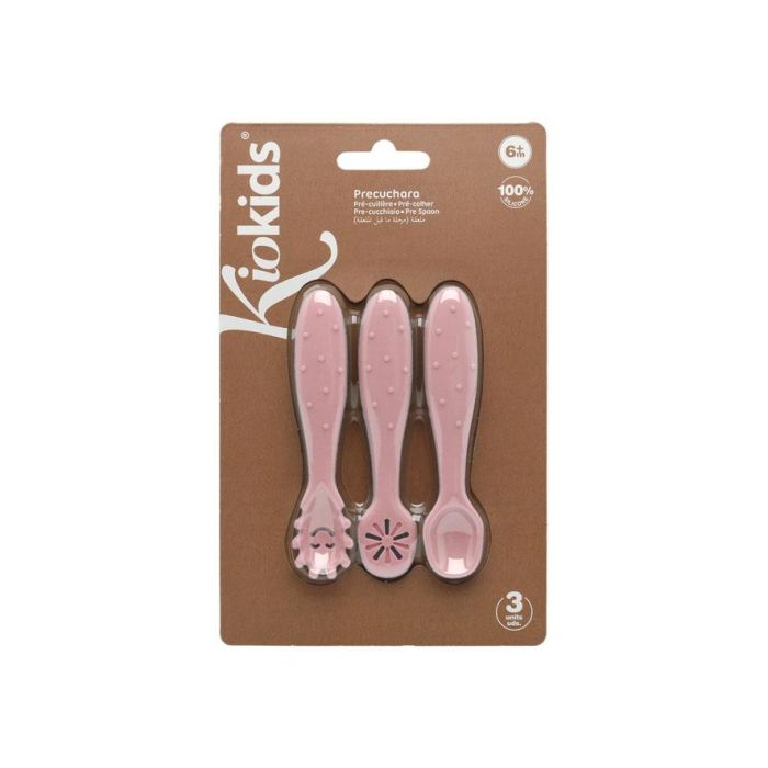 KioKids Set de 3 Cubiertos de Silicona Rosa para Bebé Lovely Friends, Pre-Cuchara, Cuchara y Pre-Tenedor, +6 Meses, 11 cm