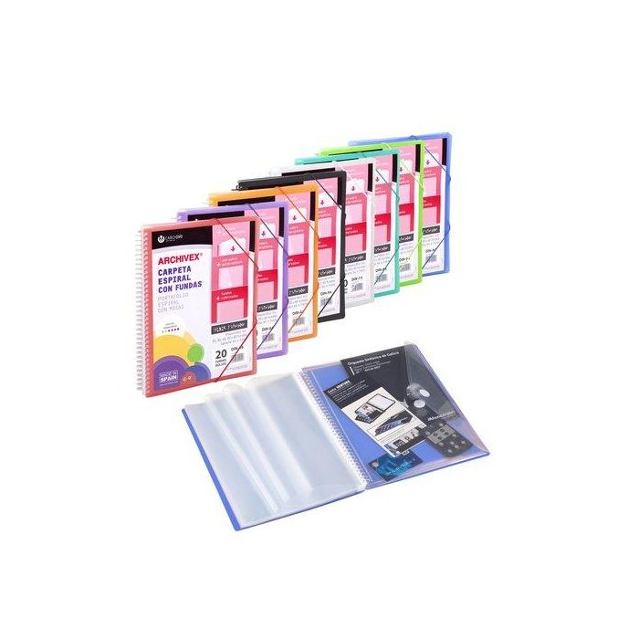 Carchivo Carpeta Espiral A4 con 20 Fundas PP, Cierre con Goma y Portada Canguro Personalizable