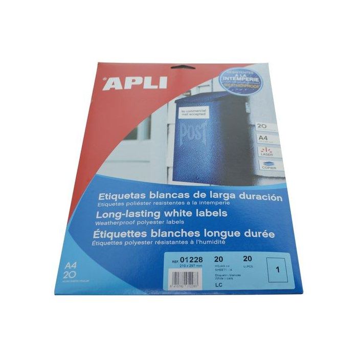 Apli Etiquetas Adhesivas Poliéster Blanco 210x297 mm, Resistente a Intemperie, Pack 20 Hojas para Impresora Láser