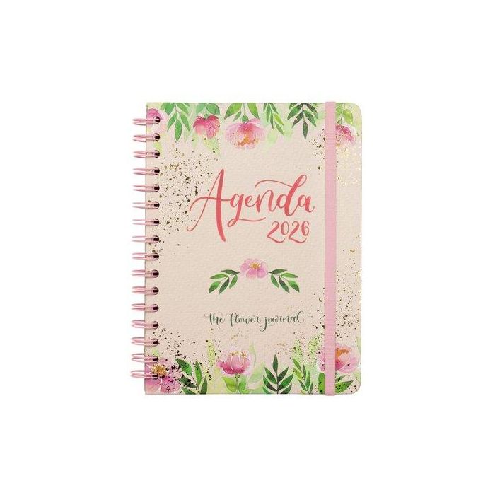 Agenda Anual (2026) Catalan Finocam Flower Journal Wire-O Tapa Extra Con Goma E10 155X212 S/V Apais. Rosa