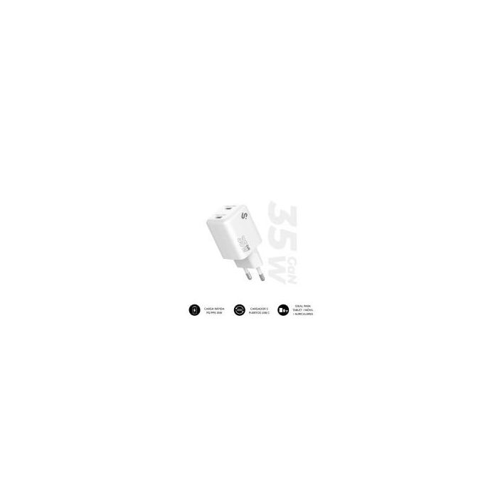 Subblim SUBCHG-6G3520 Cargador de Pared GaN 35W con 2 Puertos USB-C Doble Carga Rápida para MacBook Air, iPad, Galaxy, iPhone Universal