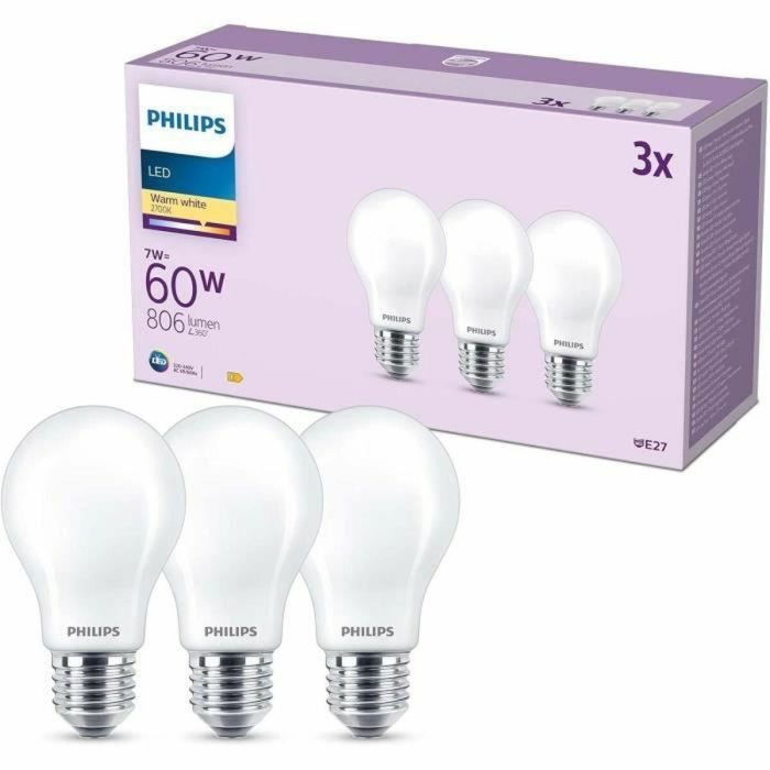 Philips Bombilla LED Clásica A60 E27 60W Blanco Cálido No Regulable Pack 3 Unidades 3