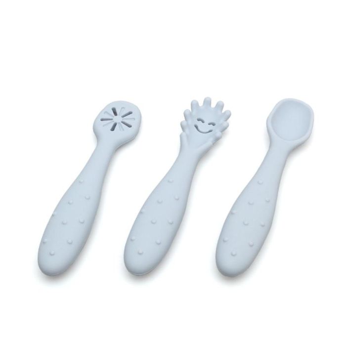 KioKids Lovely Friends Set de 3 Cubiertos de Silicona para Bebé Azul (+6 Meses) - Cuchara, Pre-cuchara, Pre-tenedor para Alimentación y Dentición