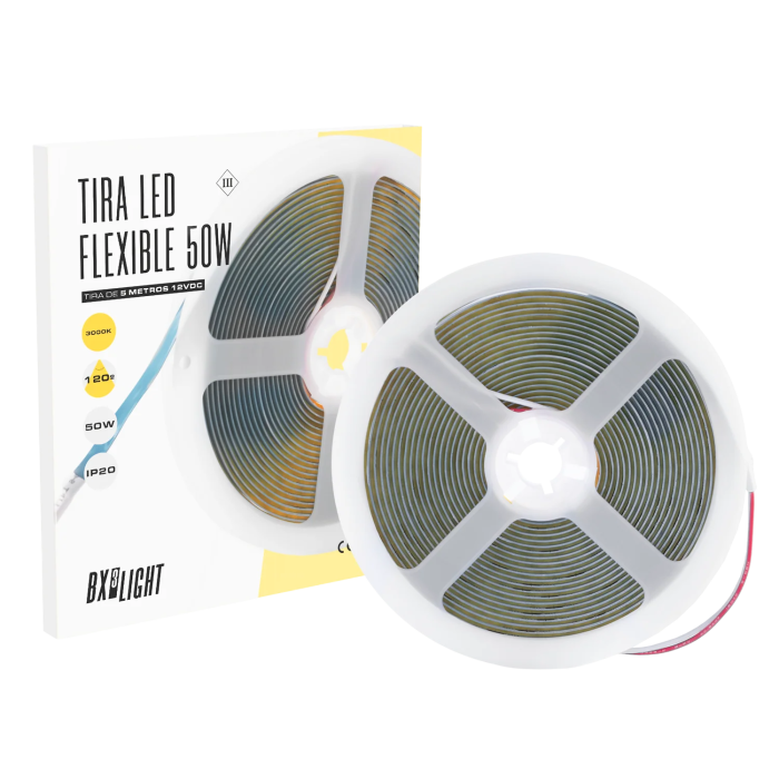 BX3 LIGHT Tira LED Flexible, 50W, 12V DC, 4000K, Blanco Frío, 5 Metros, IP20, Ideal para Interiores, Decoración, Vitrinas, BX3-COB-320-12DC-W BX3 LIGHT Tira LED Flexible, 50W, 12V DC, 4000K, Blanco Frío, 5 Metros, IP20, Ideal para Interiores, Decoración, Vitrinas, BX3-COB-320-12DC-W