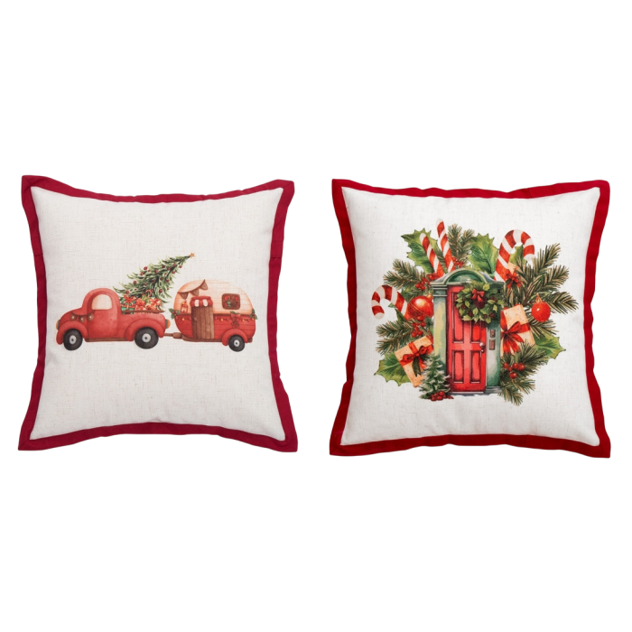 DKD Home Decor Funda Cojín Navidad Alpina de Algodón Poliéster Blanco Rojo 45x45 cm con Cremallera y Gramaje 435g - Pack 4 Unidades