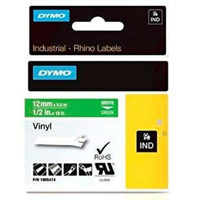 Cinta Laminada para Rotuladoras Rhino Dymo ID1-12 12 x 5,5 mm Blanco Verde Vinilo Autoadhesivas (5 Unidades) 1