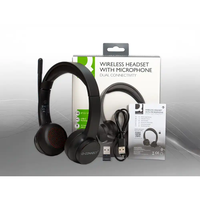 Q-connect Auricular Inalámbrico Diadema con Micrófono Flexible, Botón Bluetooth USB, Color Negro 1