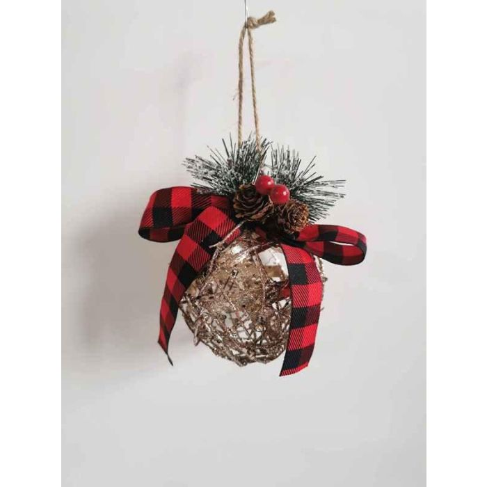 DKD Home Decor Bola Decoracion Navidad Alpina Ratán Natural Rojo 10x10x10 cm Pack de 6 Unidades