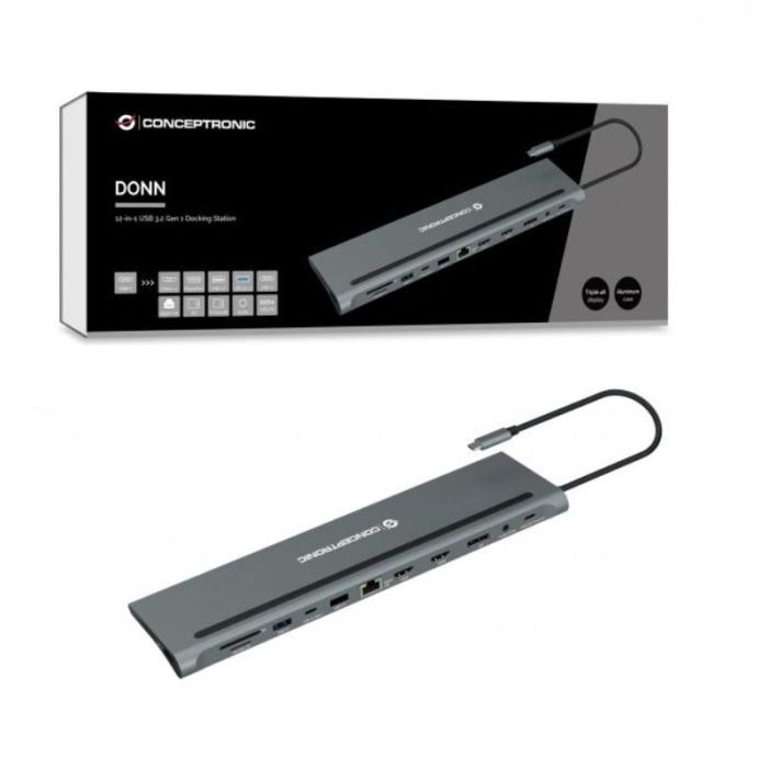 Conceptronic DONN17G Hub USB-C a 2xHDMI, 3xUSB-A, DP, Ethernet, SD/MicroSD, 100W, Gris 2