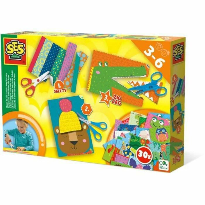 SES Creative Aprendo a cortar paso a paso - Kit educativo de corte para niños con tijeras de seguridad y tijeras zigzag