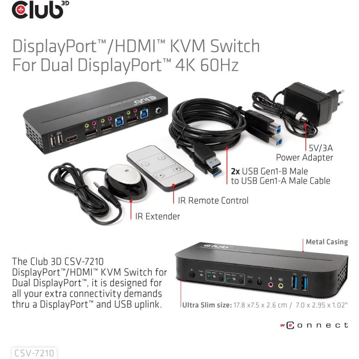 Club3D CSV-7210 KVM Switch 4K60Hz 2x DP a HDMI/DP con 2xUSB y Audio para 2 Ordenadores 12