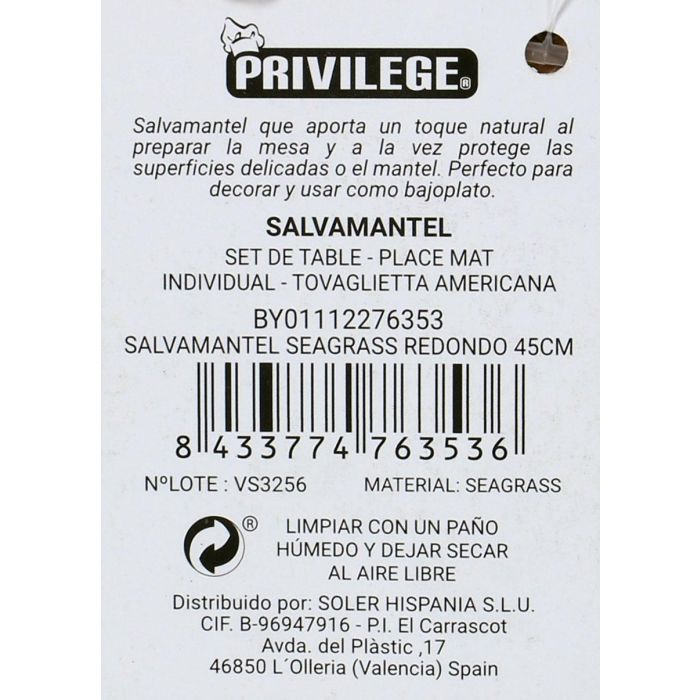 Salvamantel Redondo Seagrass 45 cm Privilege (36 Unidades) 6 Salvamantel Redondo Seagrass 45 cm Privilege (36 Unidades) 6
