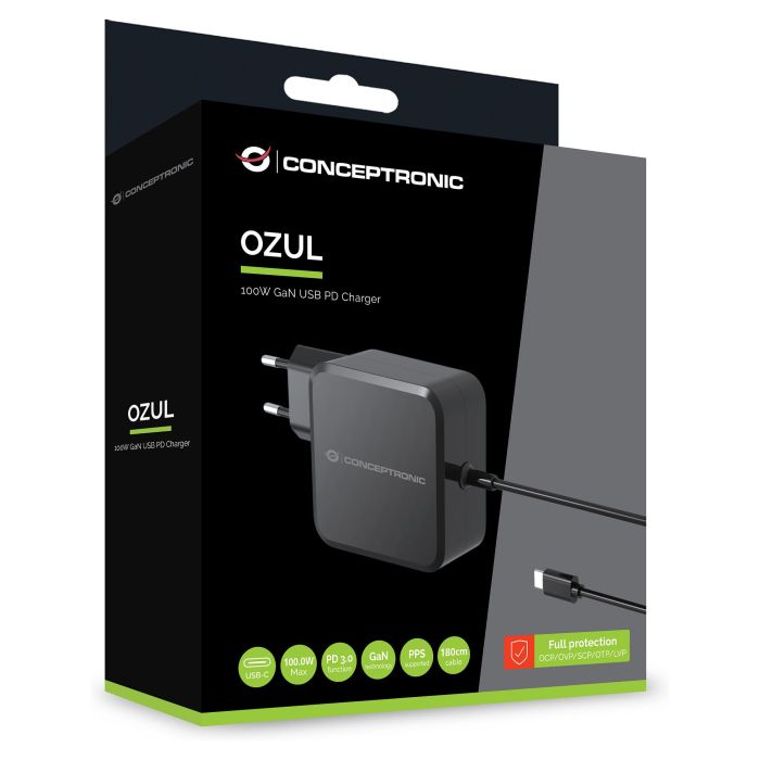 Conceptronic Cargador Pared USB Tipo C OZUL05BE 100W PD GaN Cable USB-C 180cm Negro 1