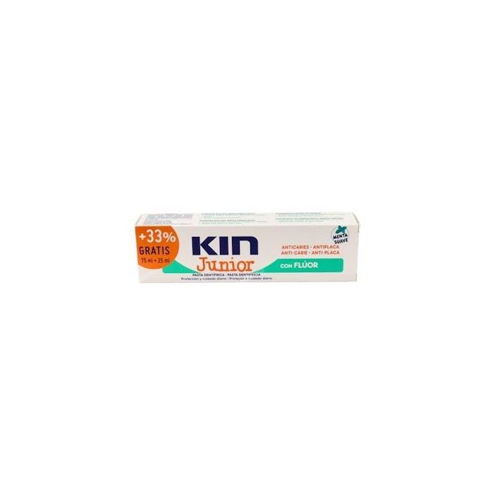 Kin Pasta Dentífrica Junior Anticaries Menta Suave Flúor Xilitol 1450 ppm F para Dientes Niños 6-12 Años, Pack 75+25 ml Total