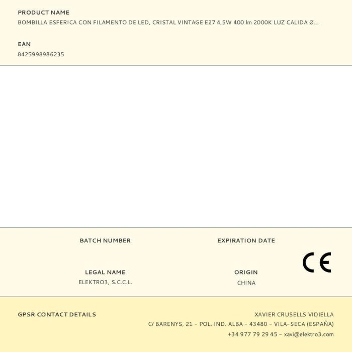 Edm Bombilla Esferica Filamento LED Vintage E27 4.5W 400lm 2000K Luz Calida Ø4.5 x 7.8 cm