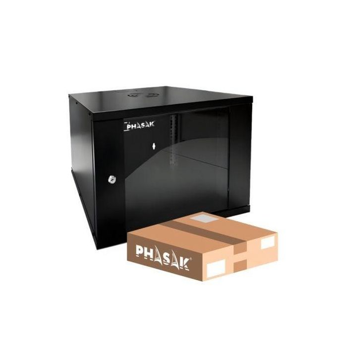 Phasak PHO 2007D Armario Rack Mural 19" Desmontado 7U, Panel Trasero Extraible, Puerta Cristal Templado, RAL 9005 Negro