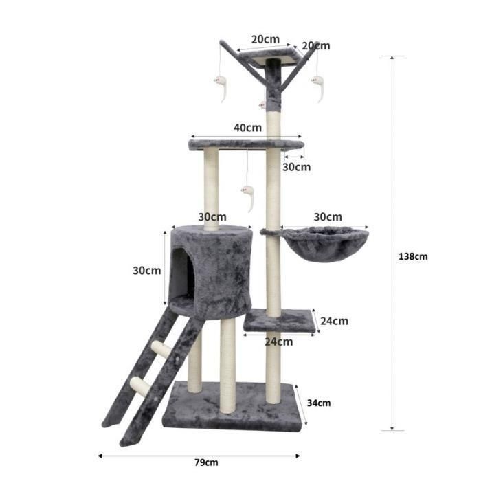 JIPSY ALC11 Árbol para gatos mediano, con nicho, 3 plataformas, rascador de sisal, escalera y ratones, gris 79x34x138 cm 2 JIPSY ALC11 Árbol para gatos mediano, con nicho, 3 plataformas, rascador de sisal, escalera y ratones, gris 79x34x138 cm 2