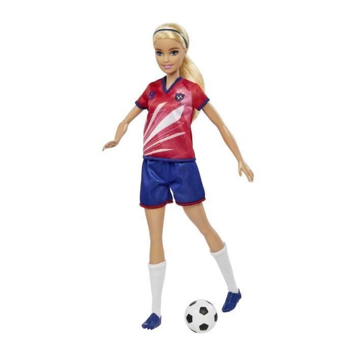 Barbie Hcn17 Muñeca Futbolista 29.2cm Rubia con Camiseta Roja, Pantalones Azules y Balón de Fútbol 1