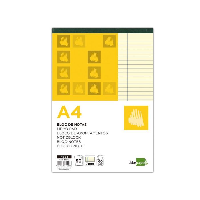 Bloc Notas Liderpapel Horizontal A4 50 Hojas Amarillas 60 gr-M2 Encolado 1