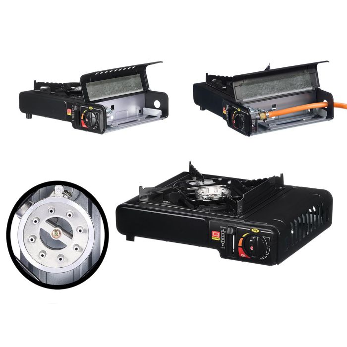 Argon Hornillo de Gas Portátil Negro 34x11.5x28.5 cm | Apto para Cartucho B-220 y GLP | 1 Quemador con Regulador de Llama (Set de 5)