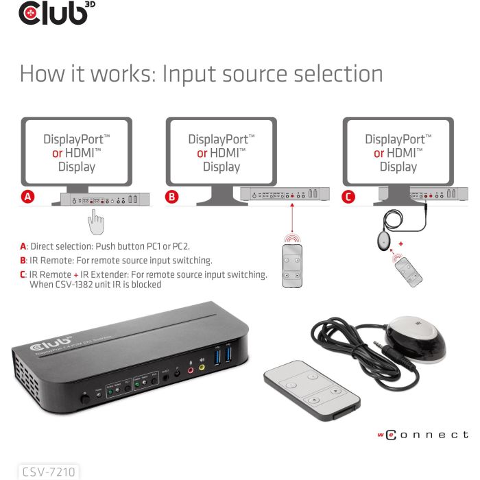 Club3D CSV-7210 KVM Switch 4K60Hz 2x DP a HDMI/DP con 2xUSB y Audio para 2 Ordenadores 4