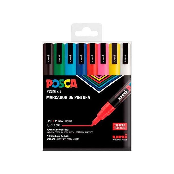 POSCA Pc-3M-8C Marcador No Permanente Punta Fina 0.9 mm-1.3 mm, 8 Colores Básicos - Estuche