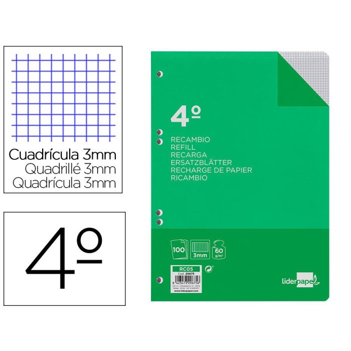 Recambio Liderpapel Cuarto 100 Hojas 60 gr-M2 Cuadro 3 mm Con Margen 6 Taladros