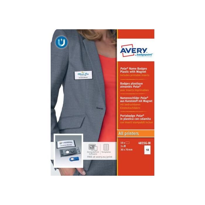 Avery 4835G-M Caja 10 Portanombres Polar Badge Antracita con Imán – 30 x 65 MM Plástico 1