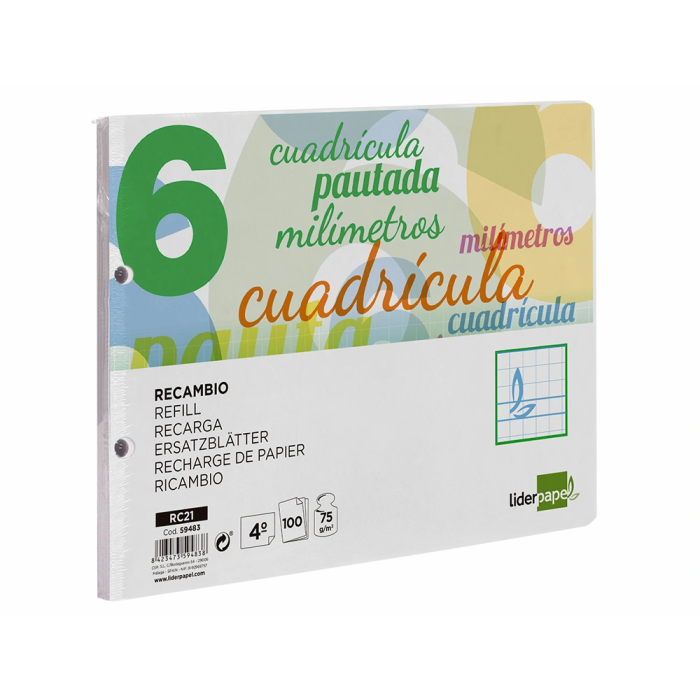 Liderpapel Recambio Cuarto Apaisado Pautaguía 100 Hojas 75gr Cuadriculado Pautado 6mm con Margen y 2 Taladros 3