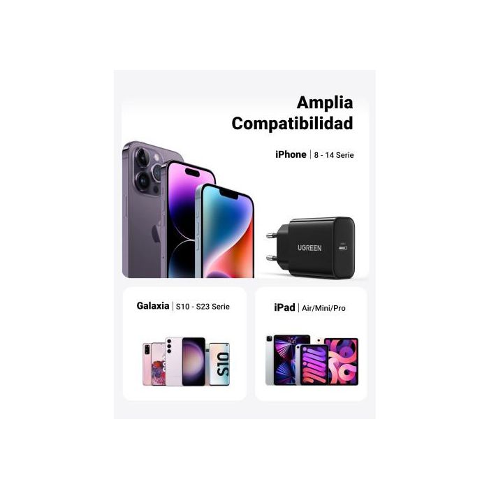 UGREEN Cargador Rápido 10191 USB-C Power Delivery 3.0 Universal 20W Negro para Móviles y Tablets 4